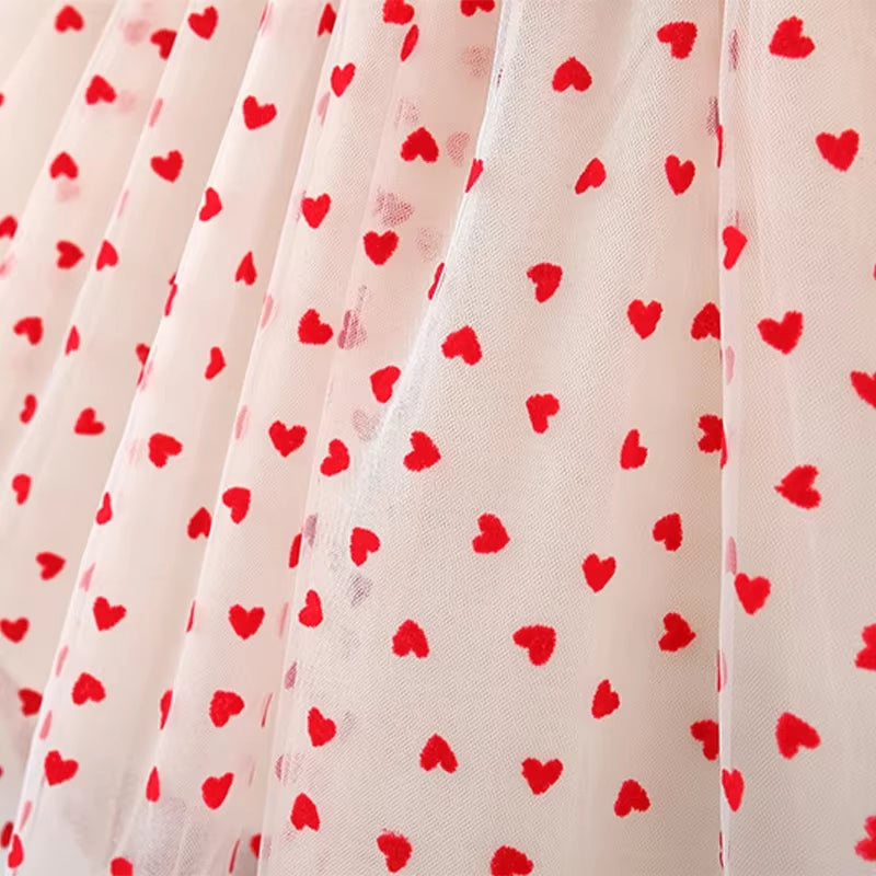 HeartGlow – Red Mesh Tutu Dress with Embroidered Hearts & Bow for Baby Girls