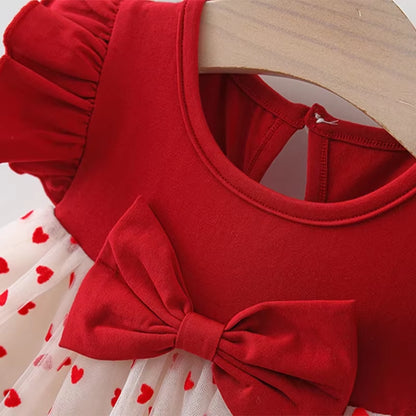 HeartGlow – Red Mesh Tutu Dress with Embroidered Hearts & Bow for Baby Girls