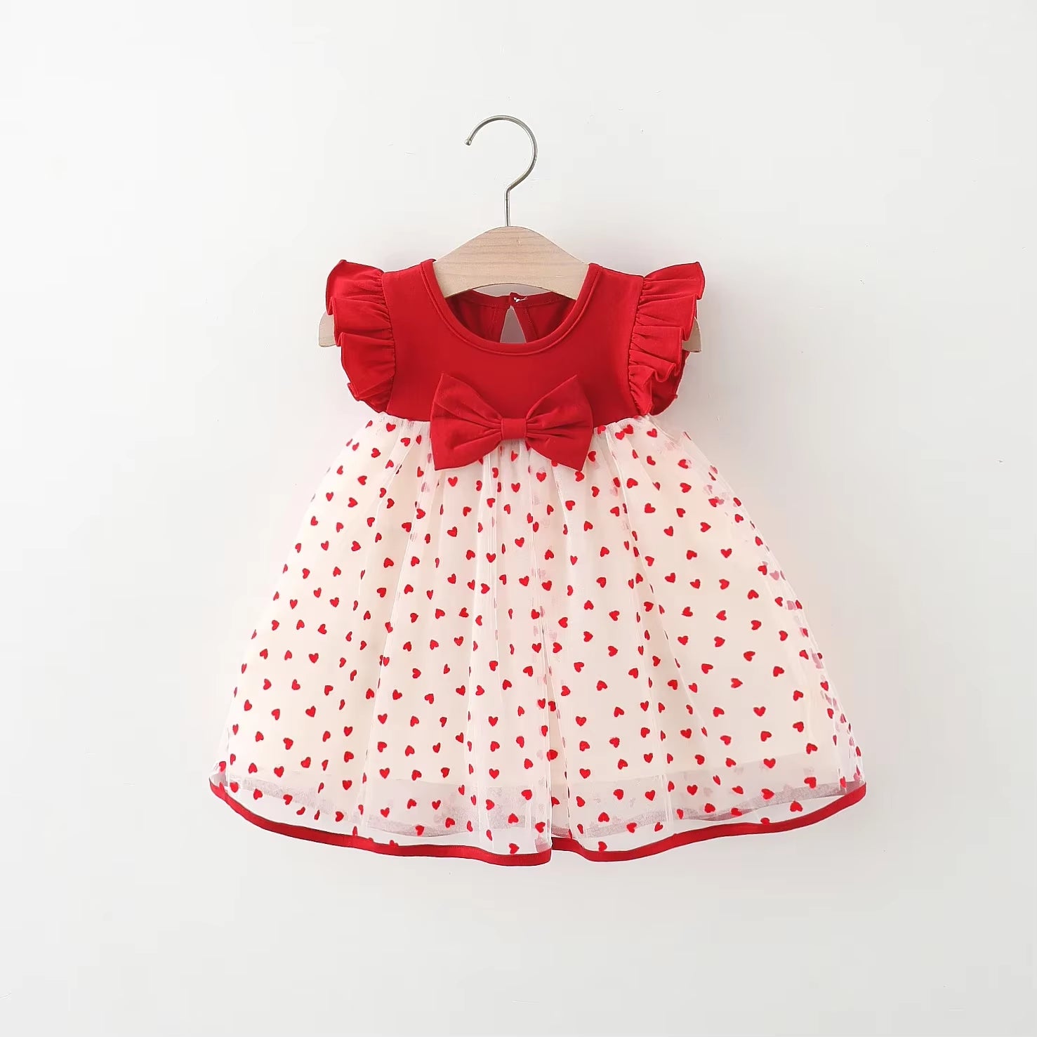 HeartGlow – Red Mesh Tutu Dress with Embroidered Hearts & Bow for Baby Girls